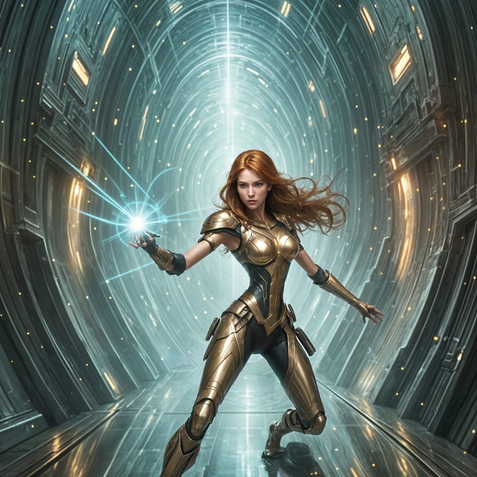 Hero Dodging Lasers in Futuristic Vault