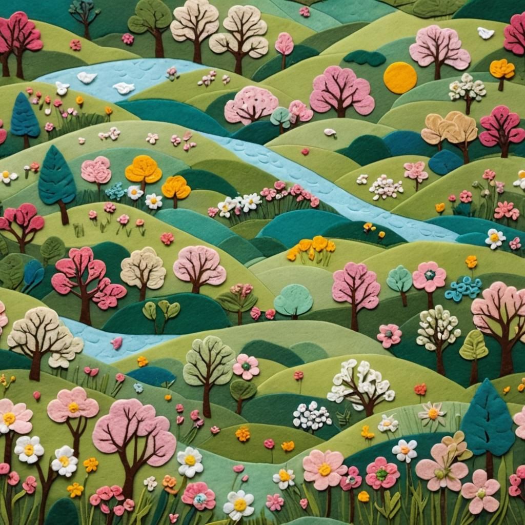 Vibrant Spring Landscape Felt Collage