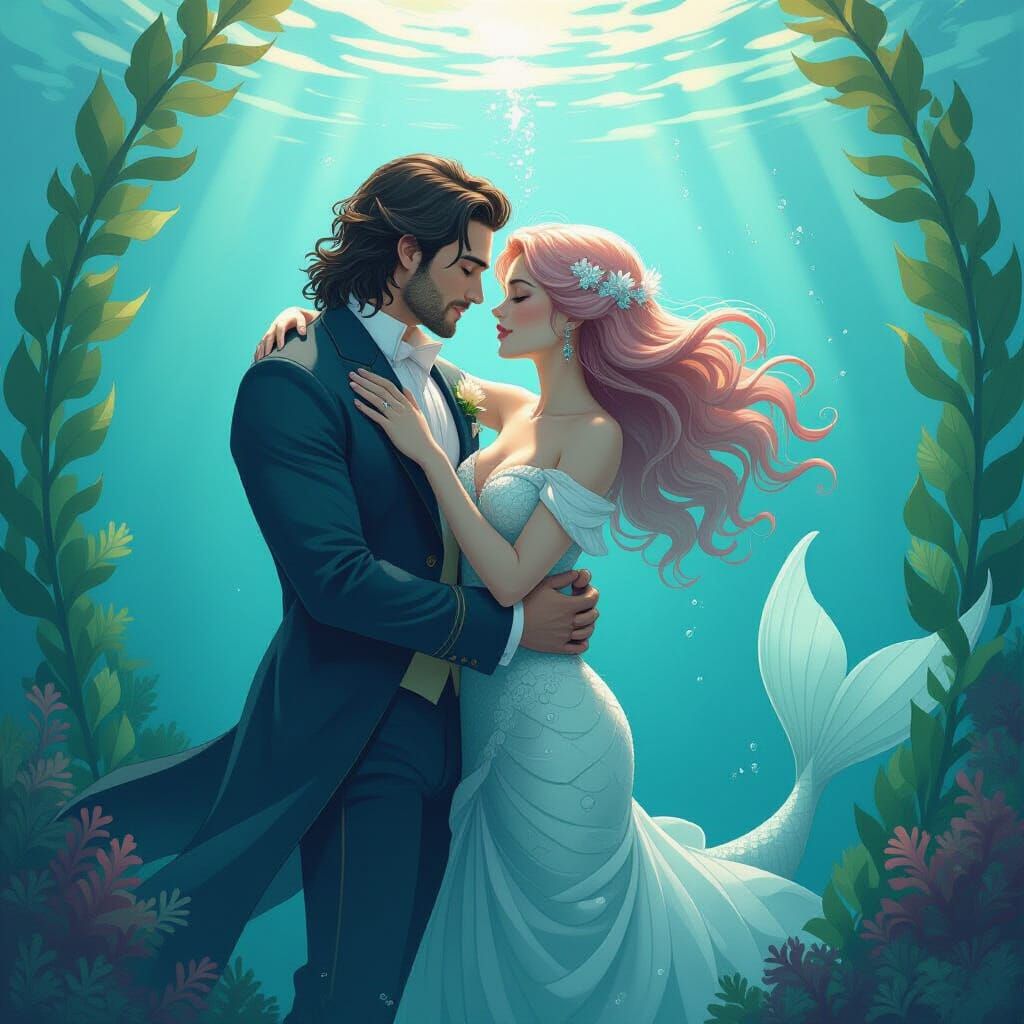 Merman and Mermaid Embrace Underwater, Art Nouveau Style