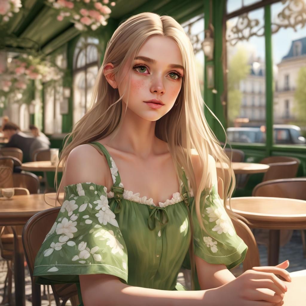 Cute Girl in Parisian Cafe: Digital Art