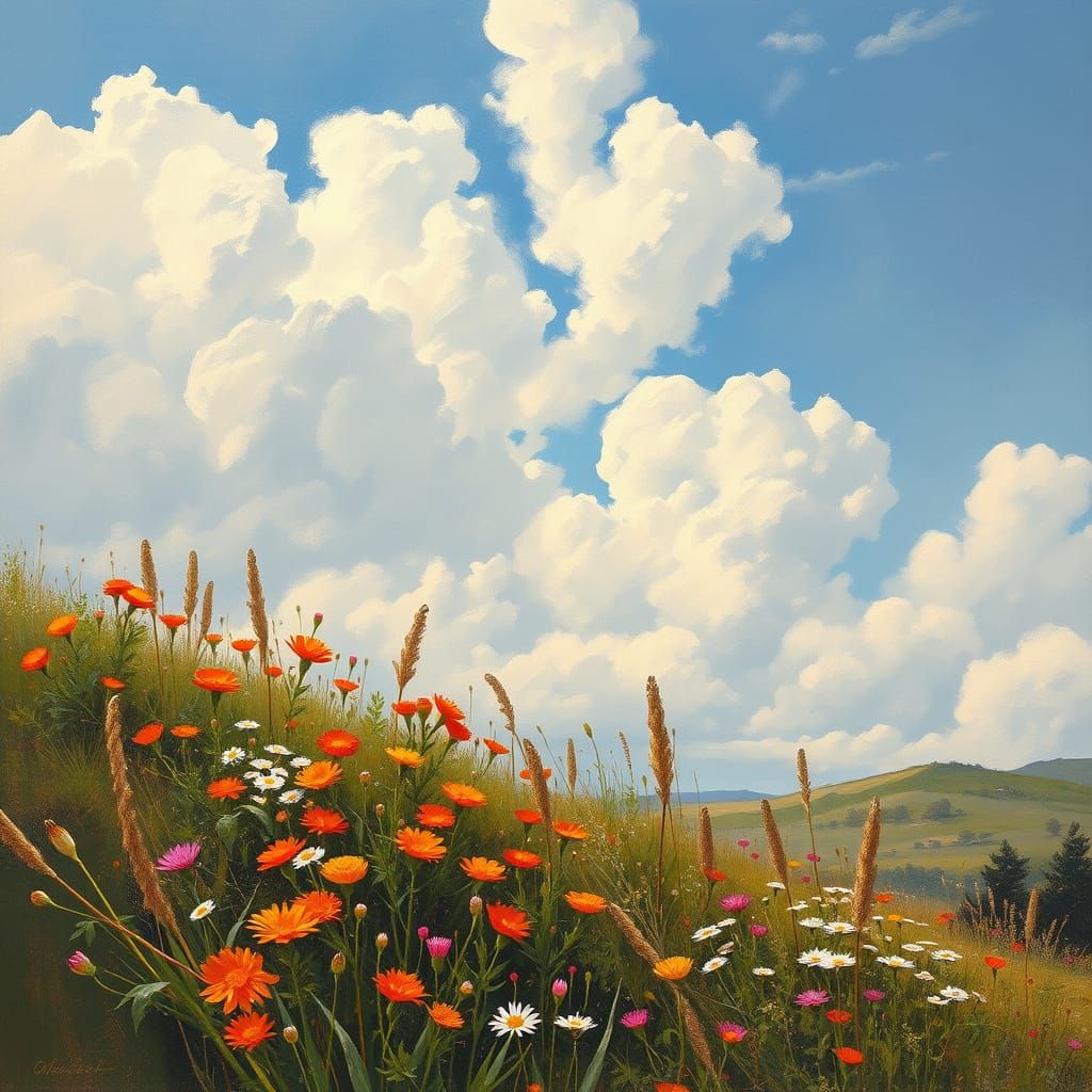 Impressionistic Landscape with Wildflowers and Clouds