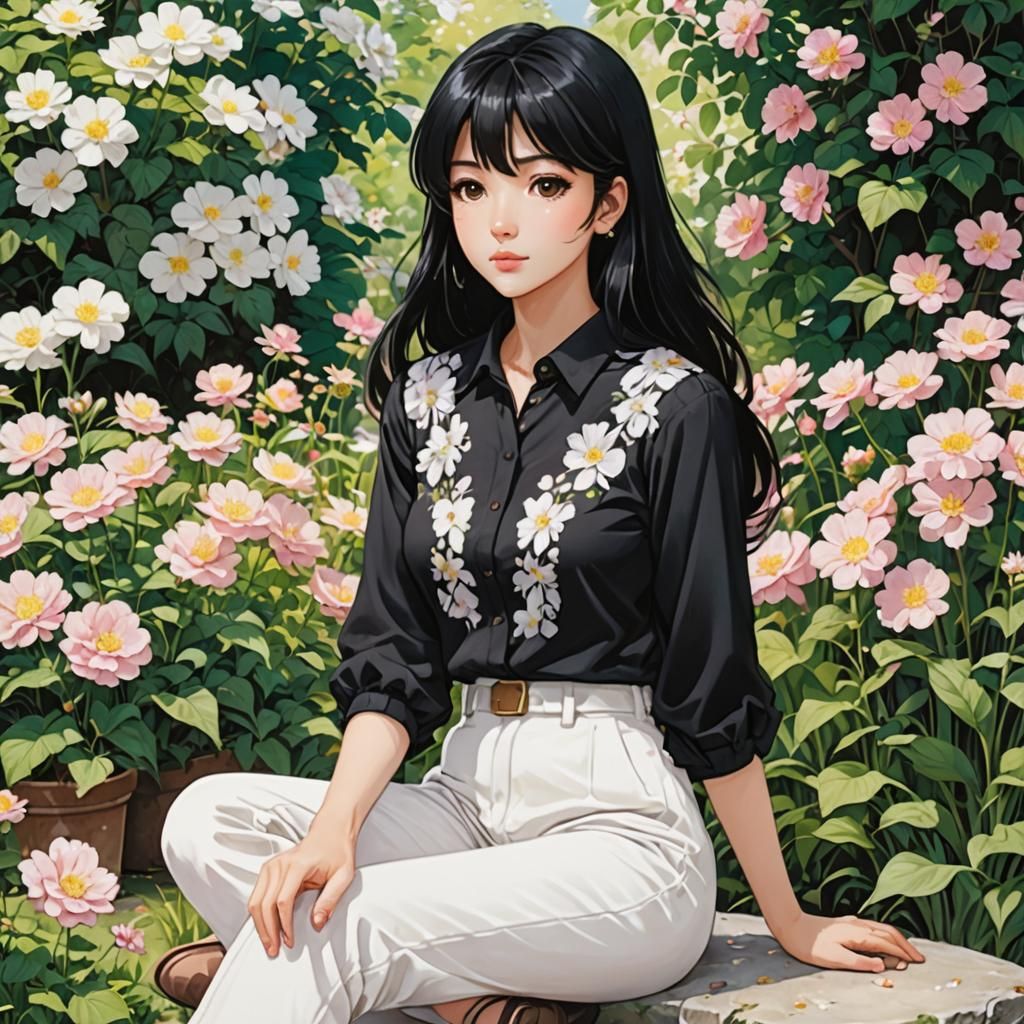 Anime Style Woman in a Flower Garden