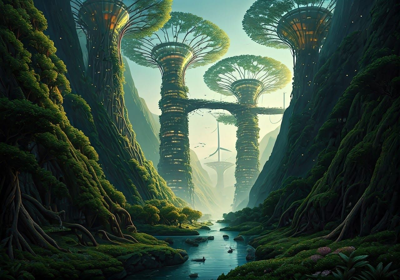 Eco-Utopian Cityscape with Living Trees and Bioluminescent S...
