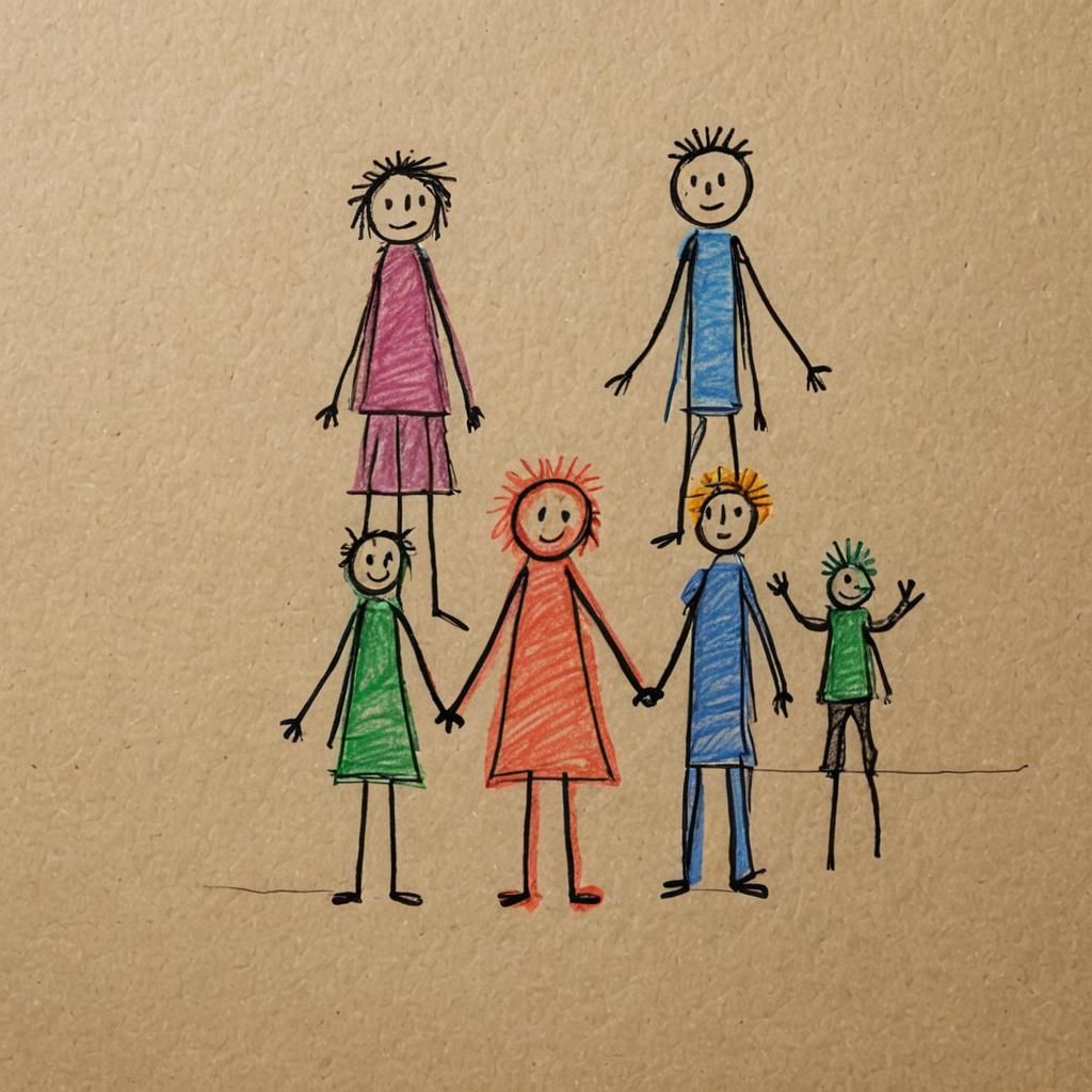 Crude Crayon Drawing of a Stick Figure Family