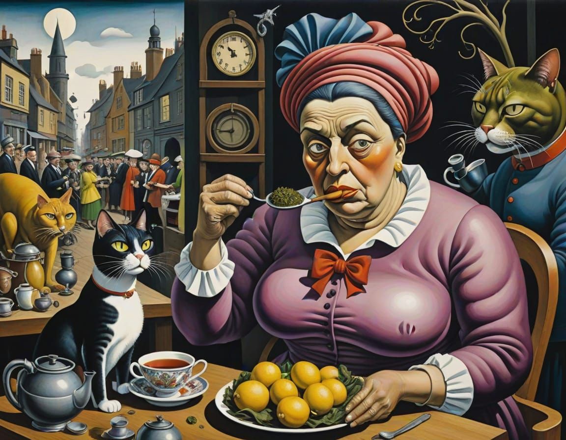 Epic Surrealist Kitchen Scene with Comical Figures