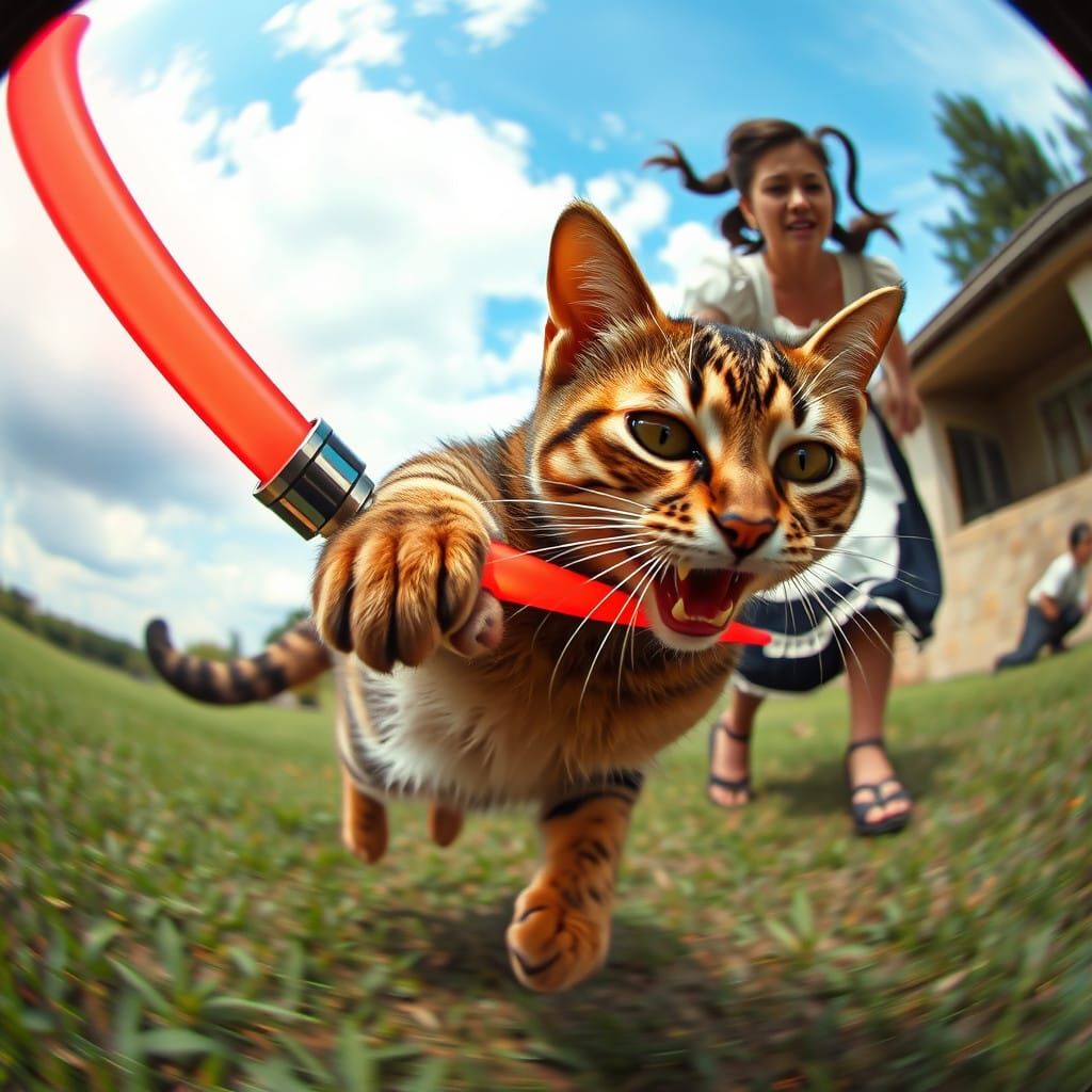 Fisheye Lens Scene of Tabby Cat Chasing with Glowing Lightsa...