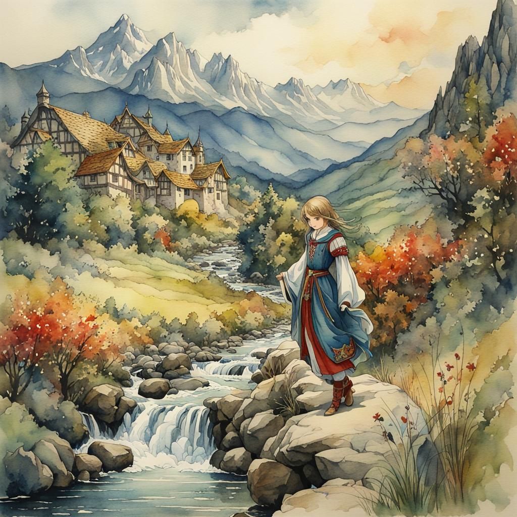 Medieval Girl by Stream in Rackham Anime Style