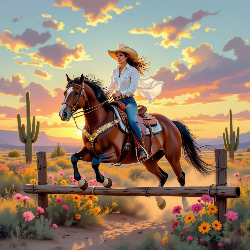 Girl on Horse Jumps in Desert Sunset with Wildflowers