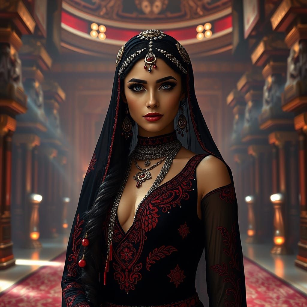 Regal Arabian Princess in Maximalist Red and Black Palace