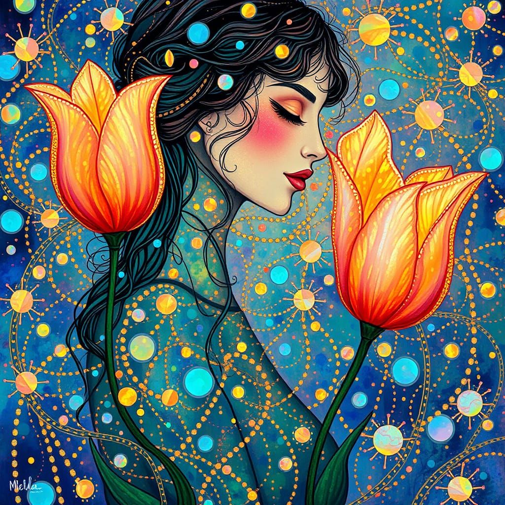 Woman in Iridescent Opal with Whirling Tulips, in a Dreamlik...