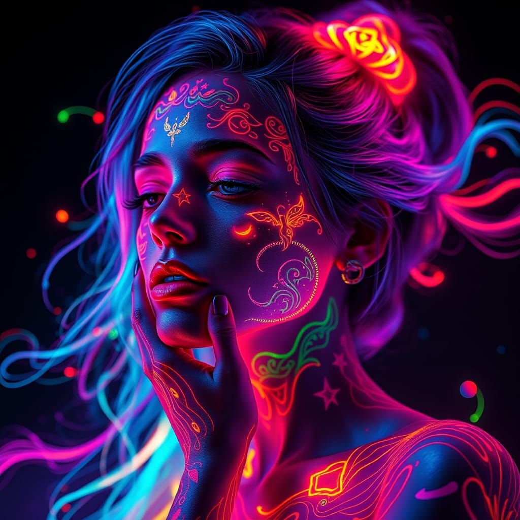 Ethereal Lady with Luminescent Tattoos in Psychedelic Sci-Fi...