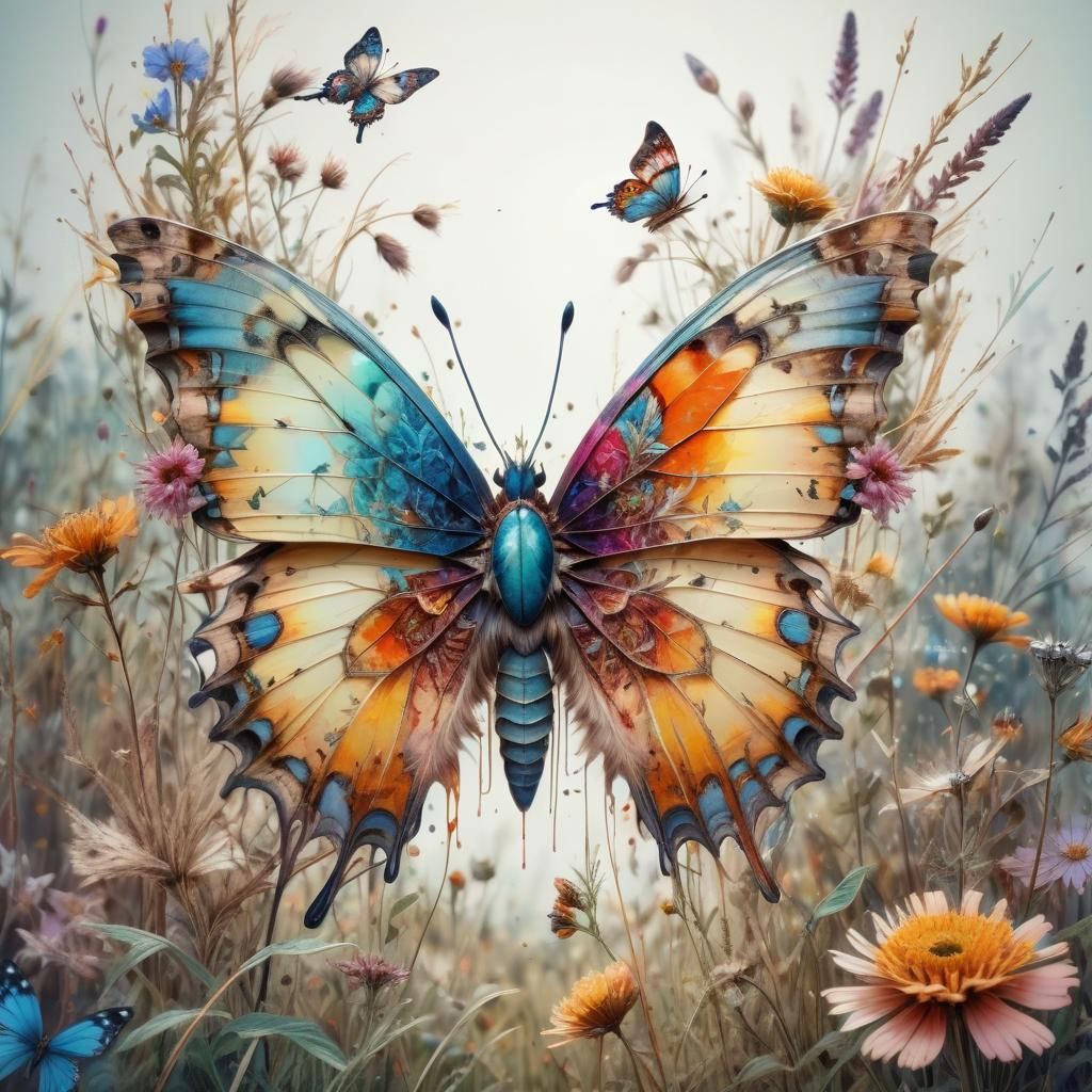 Hyperdetailed Butterfly in Floral Meadow, Carne Griffiths St...