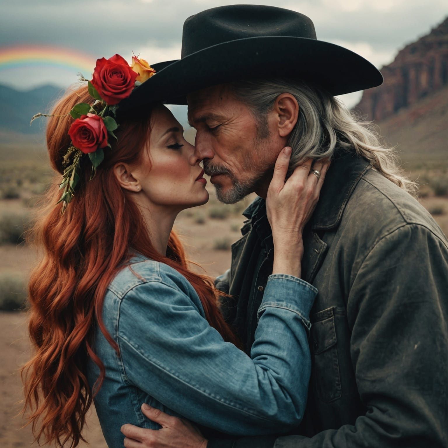 Cowboy and Angel Share a Kiss in Cinematic Still