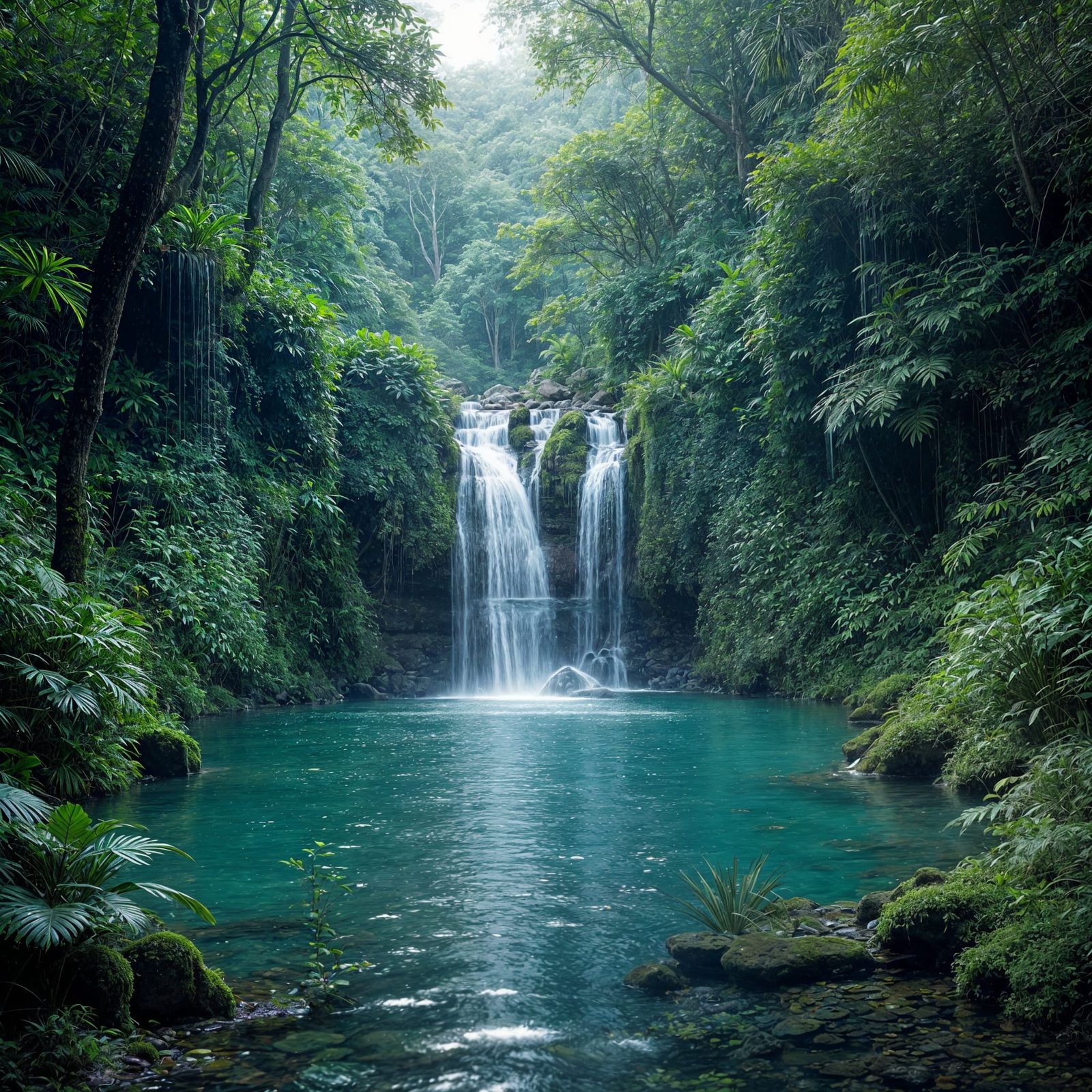 A serene landscape of a hidden waterfall cascading into a cr...
