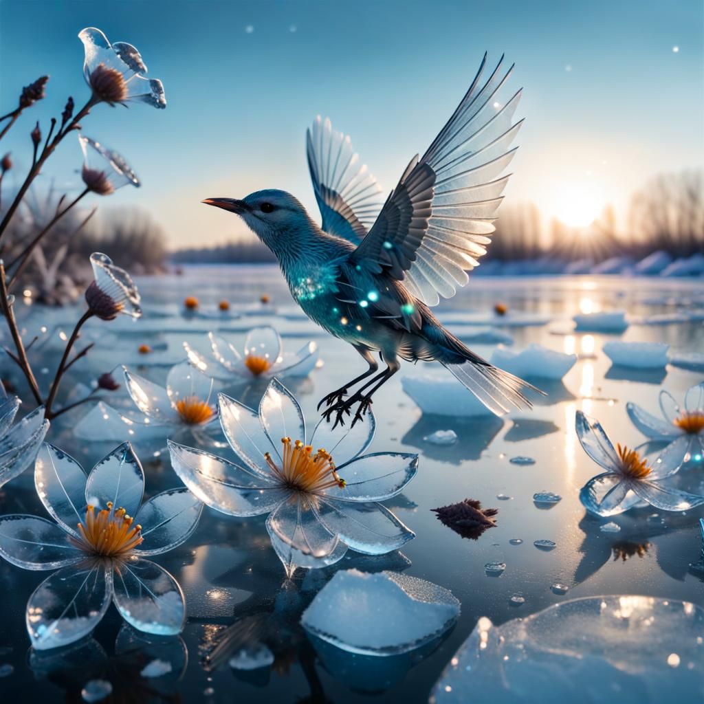 Transparent Bird Foraging on Ice Flowers: 8K