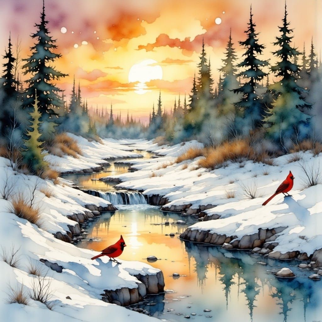 Winter Watercolor Landscapes with Cardinals in Sunset Glow