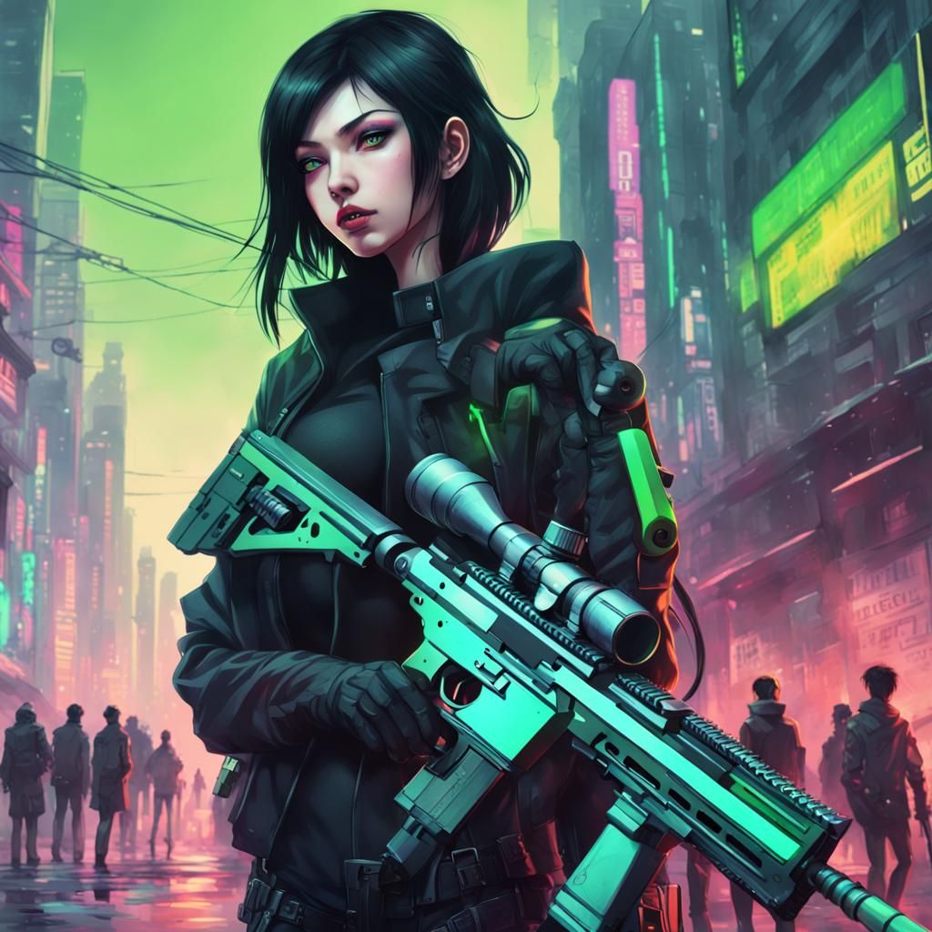 Cyberpunk Girl with Futuristic Rifle in Cityscape