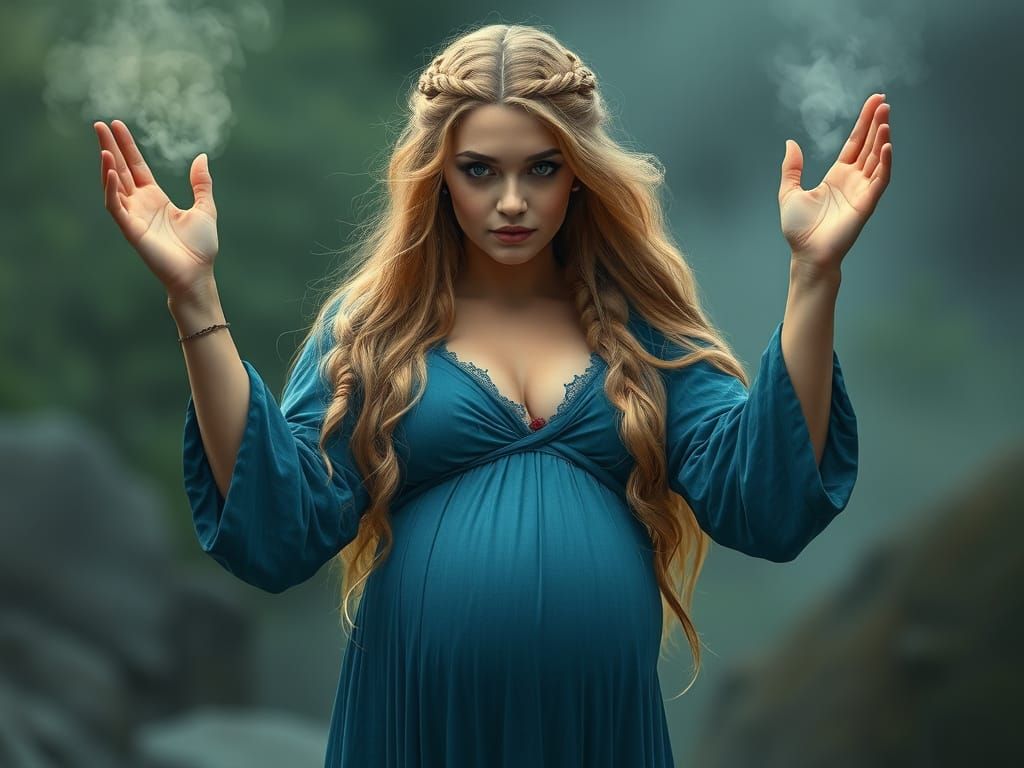 Ethereal Anglo-Saxon Druidess in Misty Fantasy Landscape