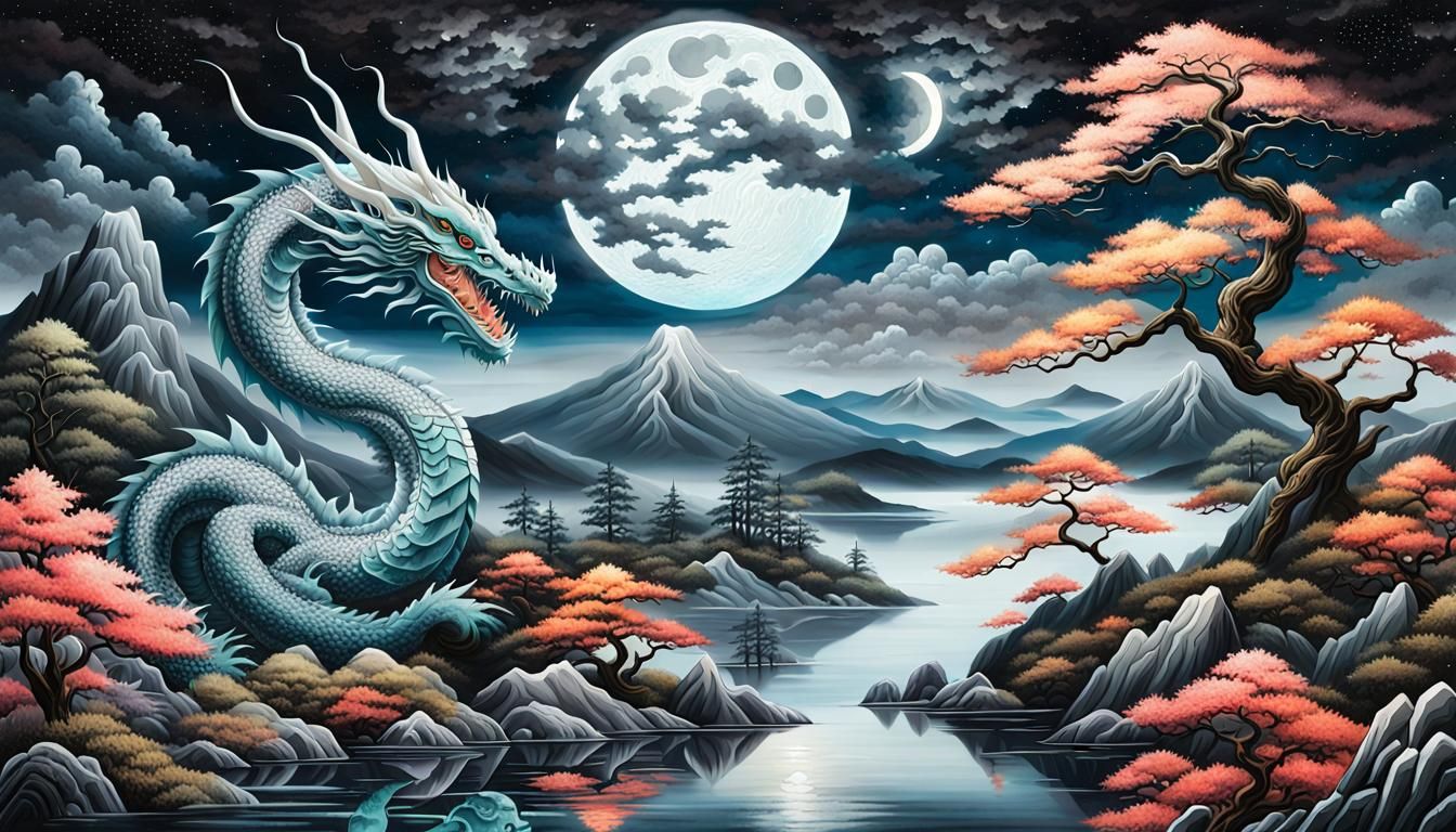 Dragon in Japanese Art Style Under Galaxy Moon