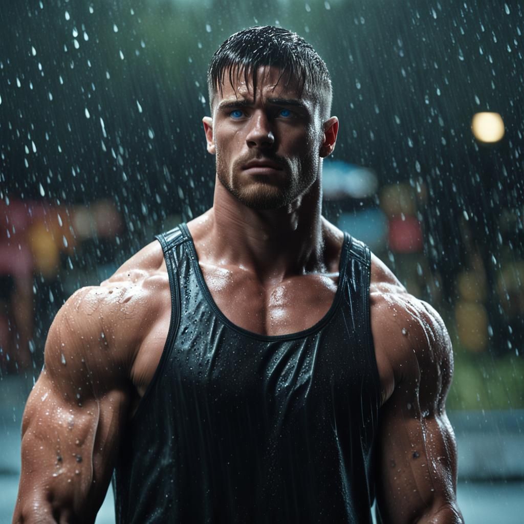 Muscular Bodybuilder Smolders Under Rainy Cinematic Lighting