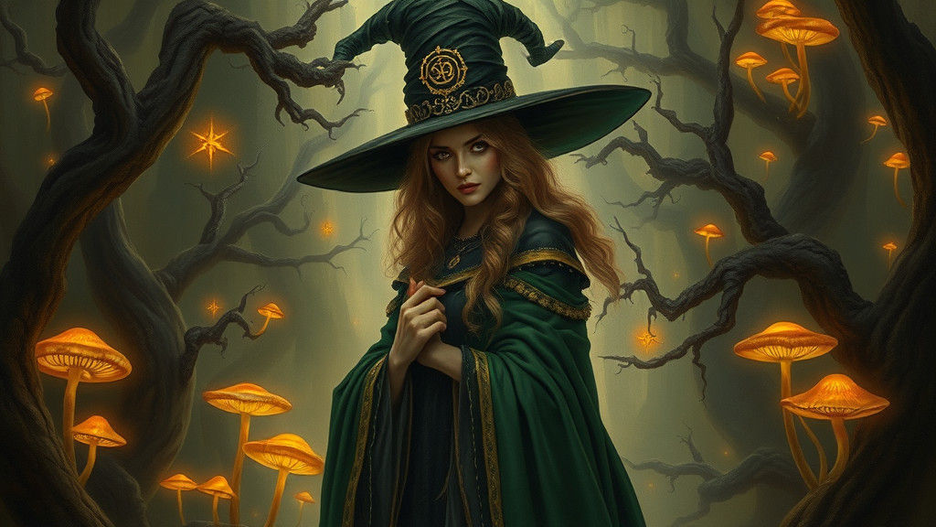Regal Witch Conjuring Spell in Mystical Forest