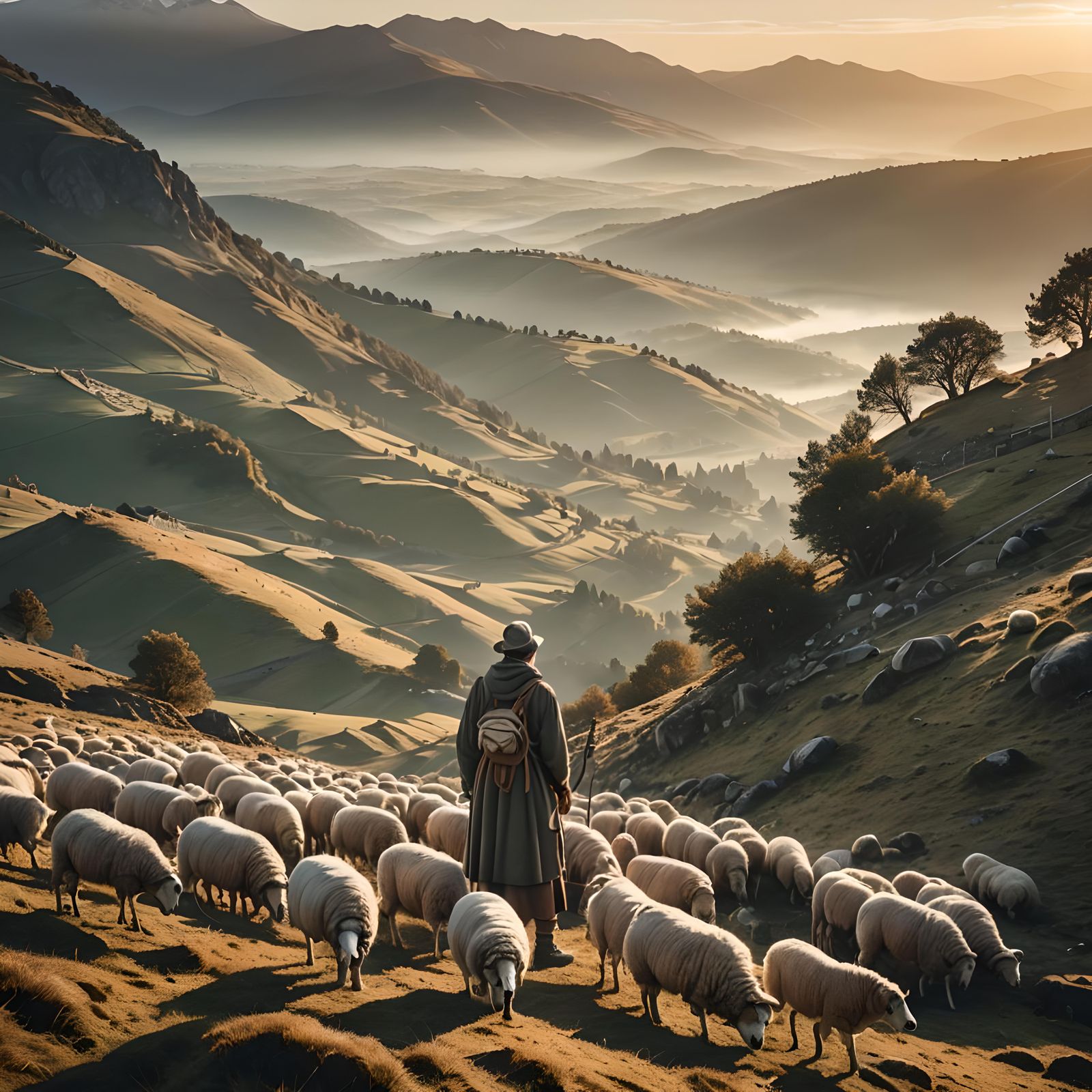 Hyperrealistic Shepherd and Sheep at Sunrise