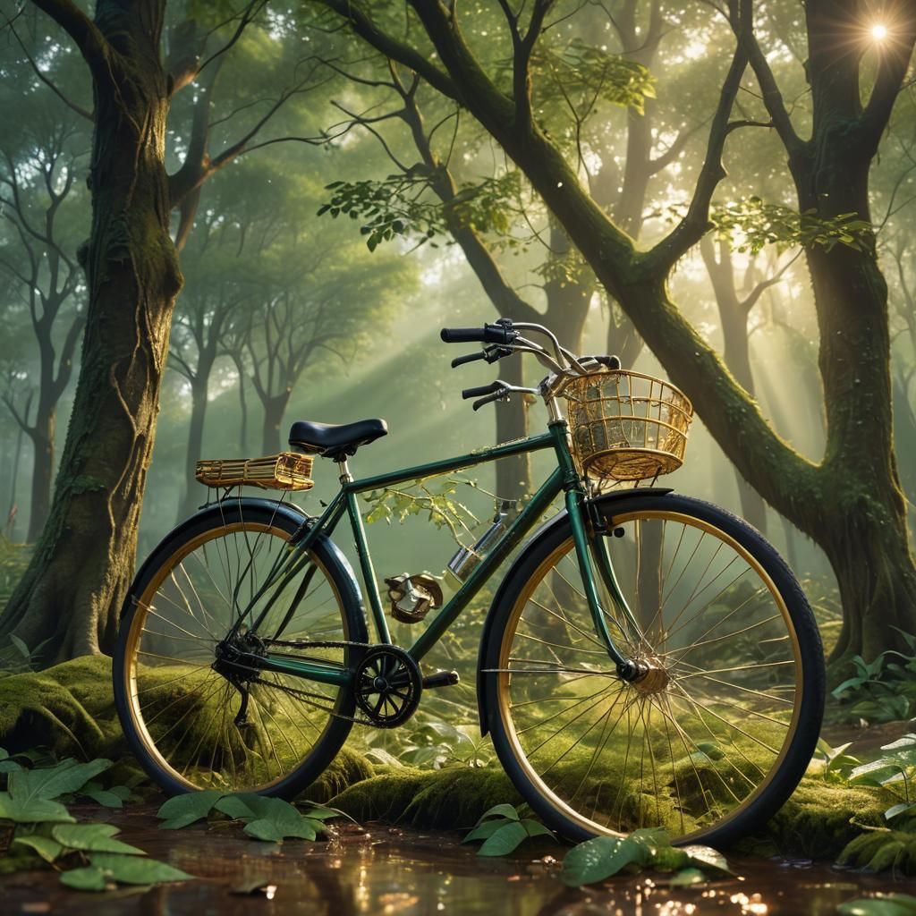 Mystical Forest: Bicycle with Gold Spokes, Matte Painting