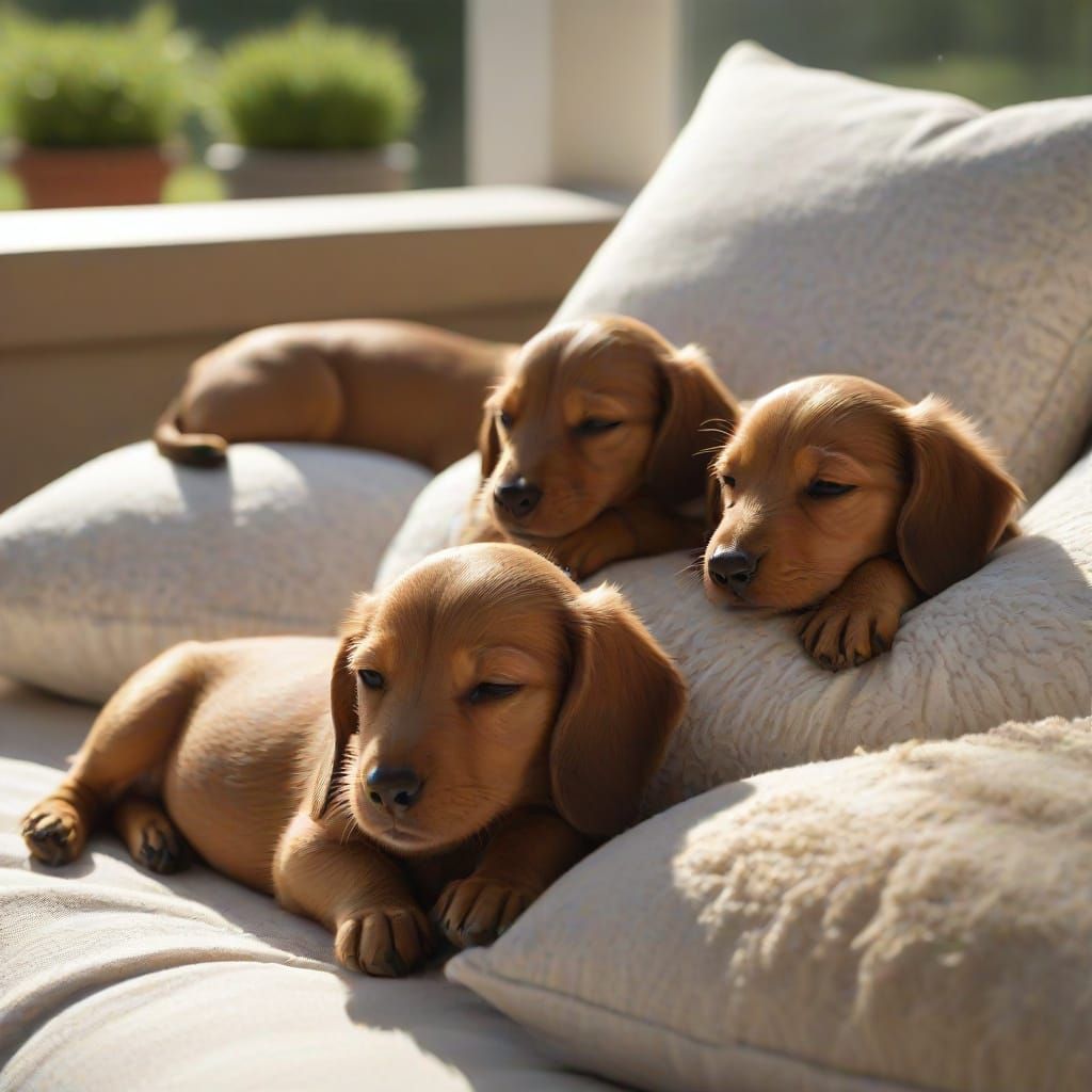 Adorable Dachshund Puppies Sleeping on Cushions in Sunlit Ve...