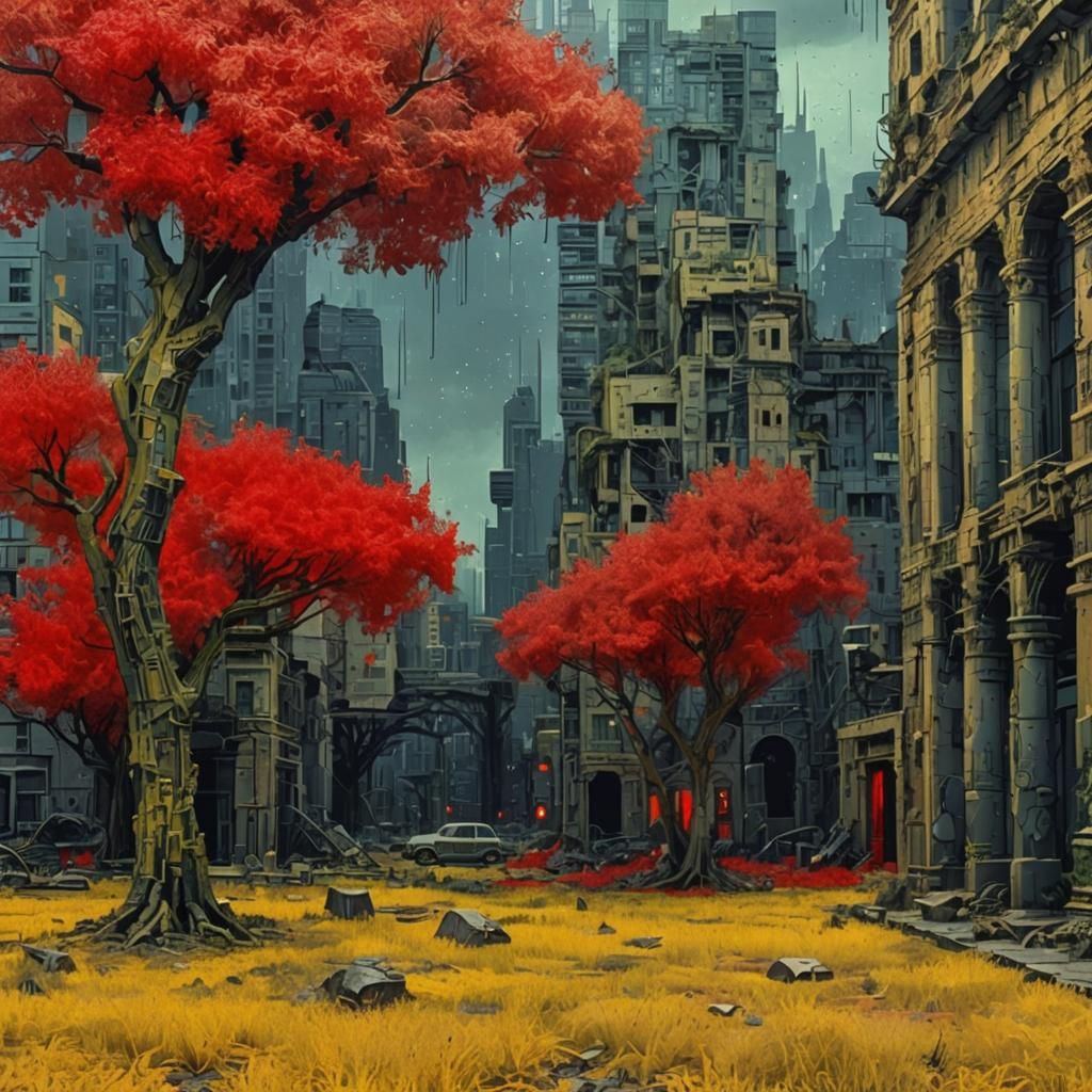 Surrealist Metropolis in Post-Apocalyptic Bloom, with Angula...