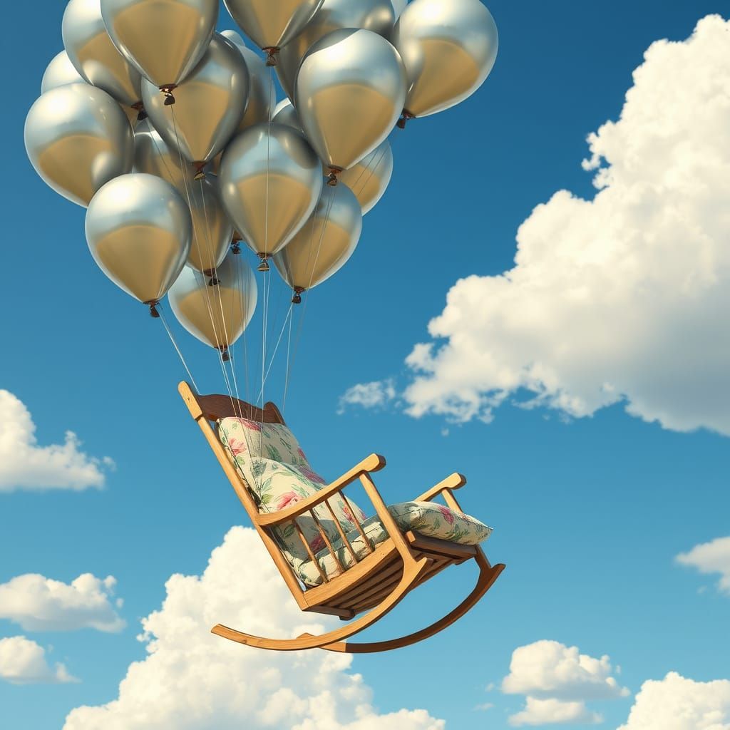 Rocking Chair Soaring on Silver Balloons, Whimsical Art