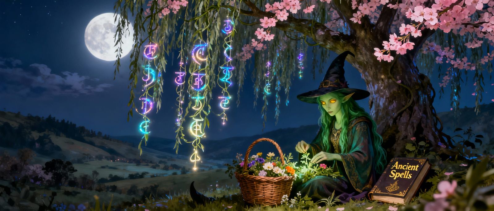 Magical Witch Gathers Herbs Under Iridescent Willow Tree