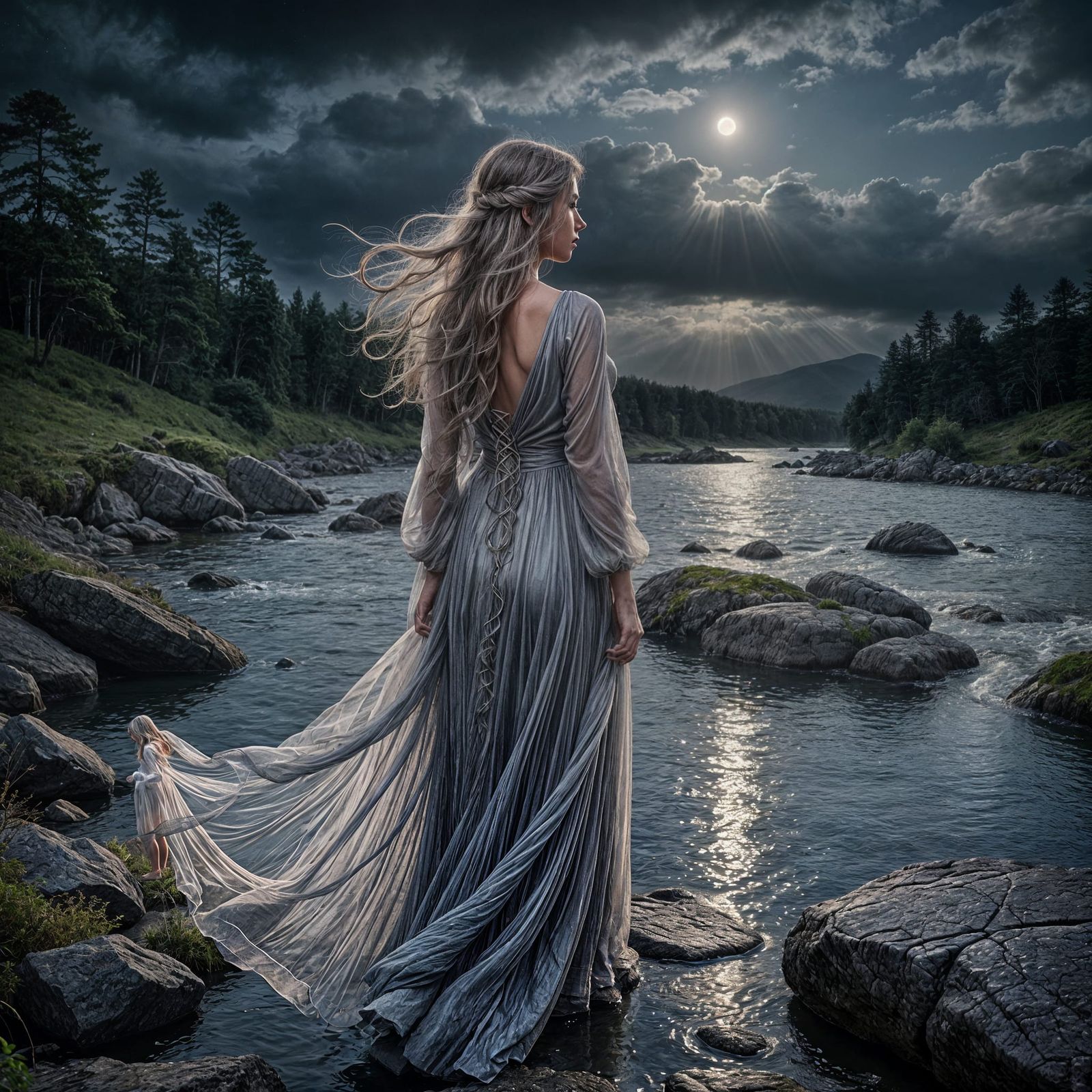 Mysterious Moonlit Goddess Standing on River Rock