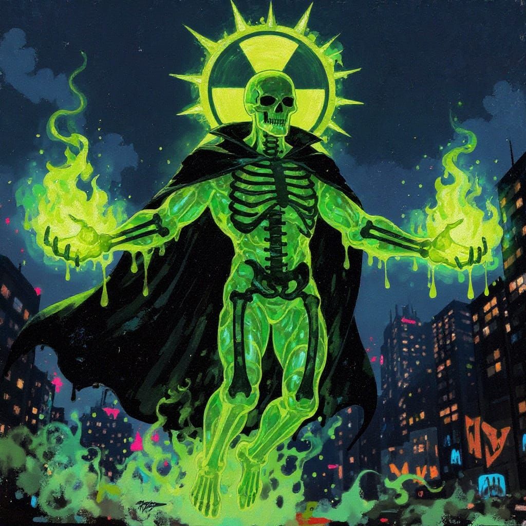 Glowing Green Ghost Man with Nuclear Halo in Pop Art Style