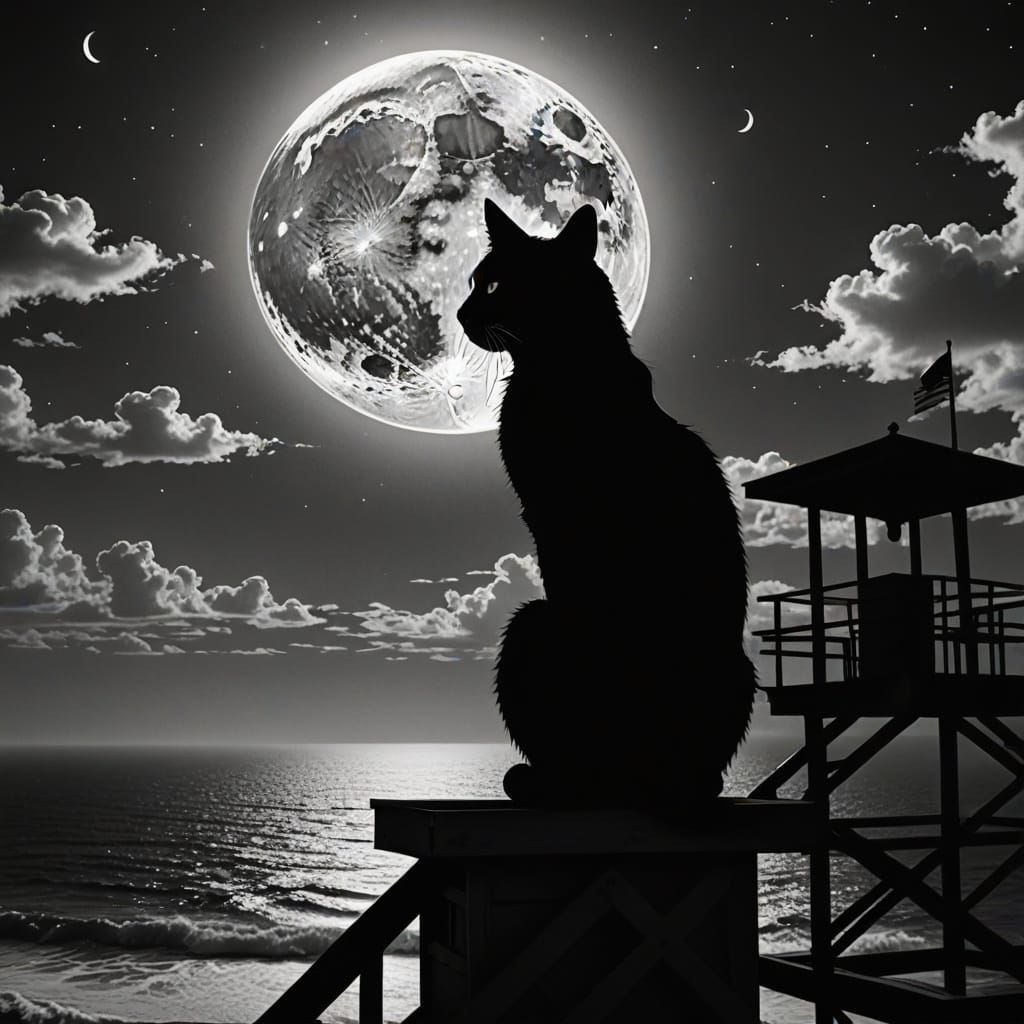 Cat Silhouette Gazing at Moon: Black and White Illustration