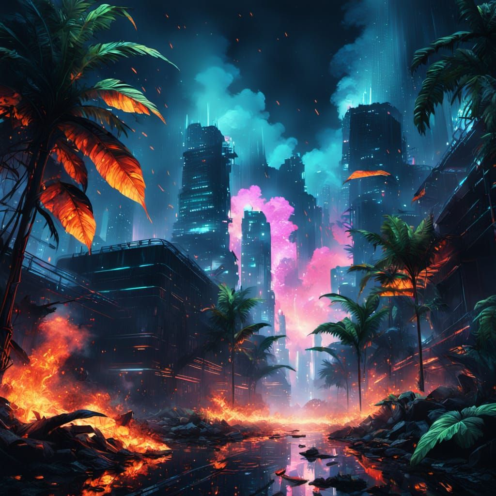 Neon Jungle Inferno in Cyberpunk Style