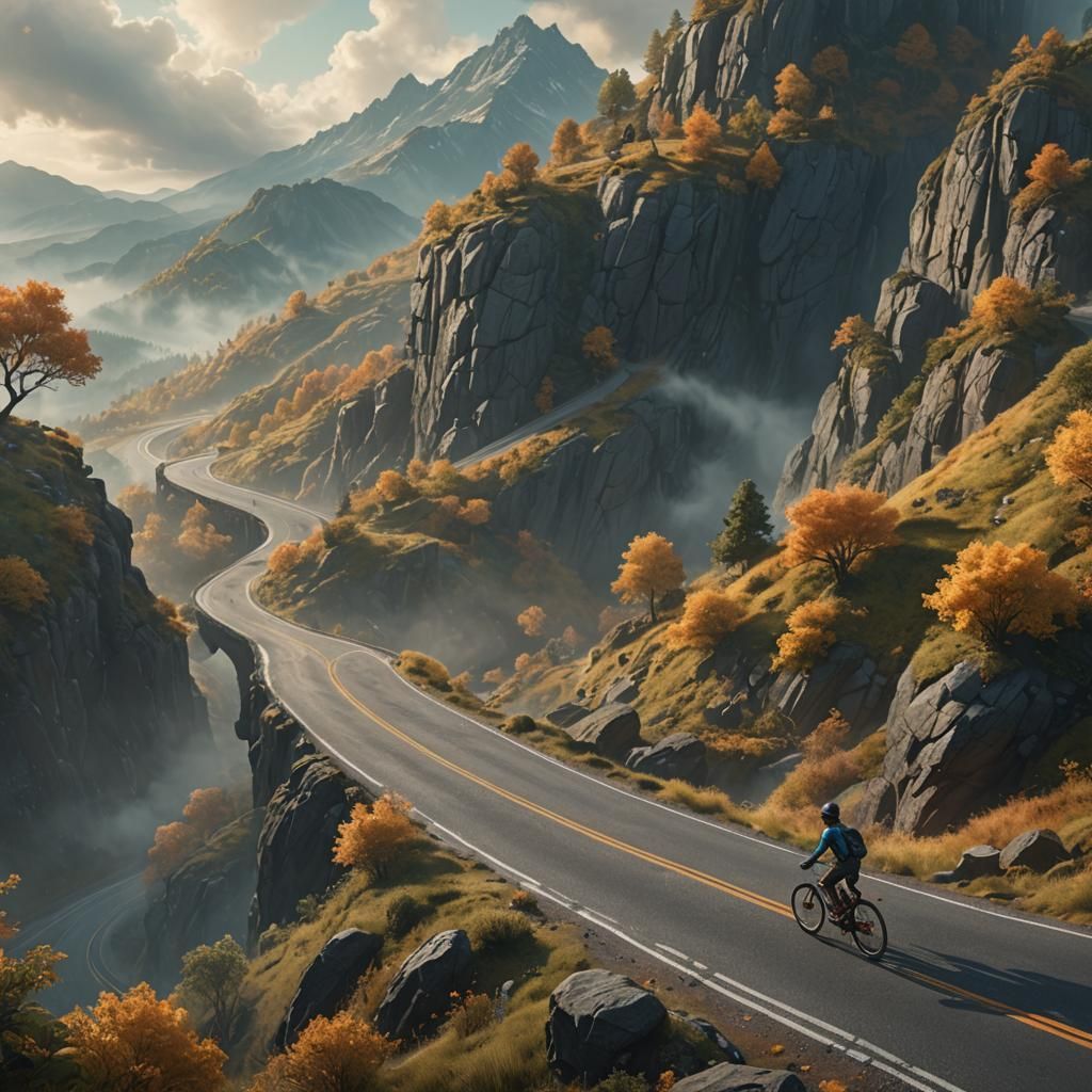 Boy Rides Bike on Misty Mountain Road: Digital Art
