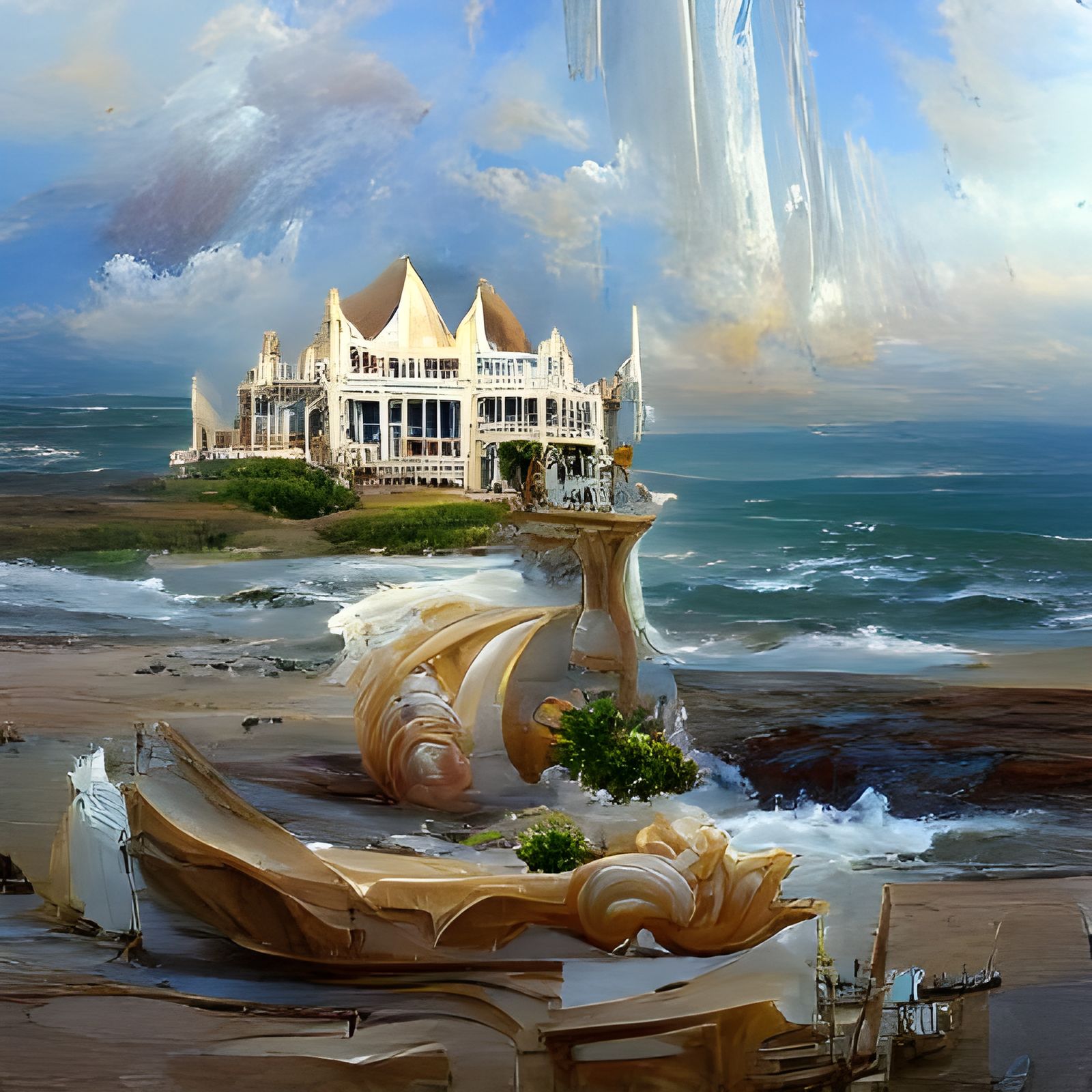 Fantasy Palace by the Sea, Oil Painting