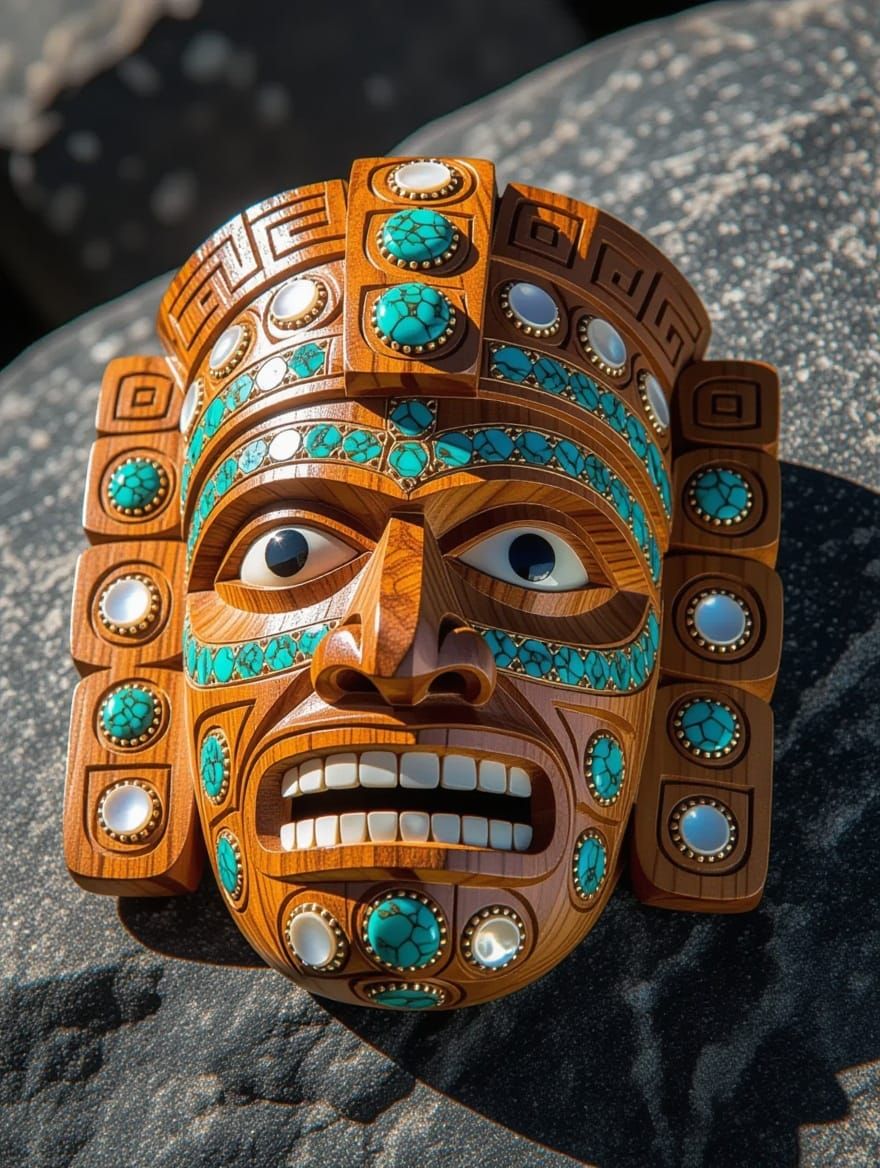 Ornate Aztec Mask in Bright Morning Light