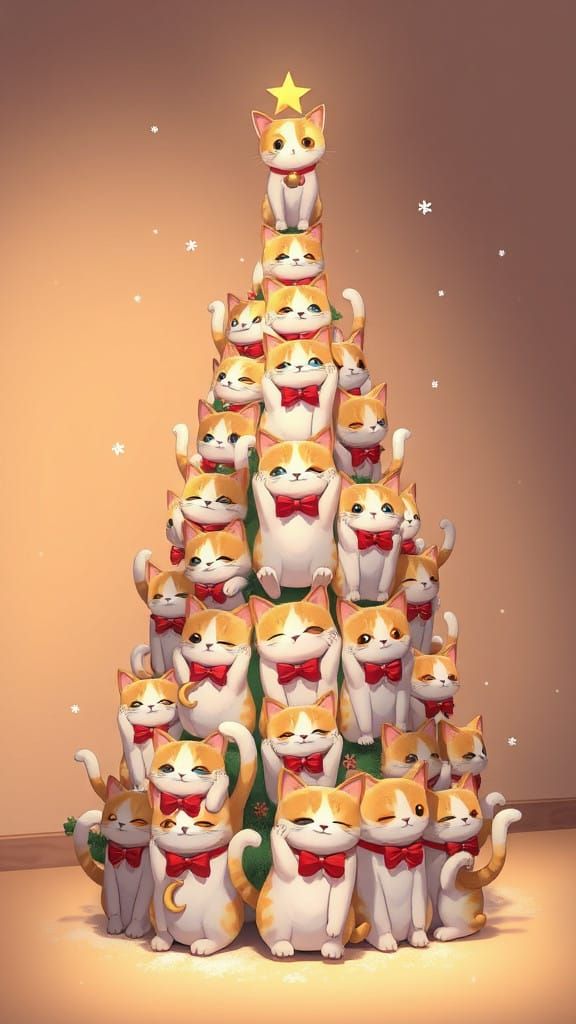 Feline Christmas Tree in Whimsical Anime Style