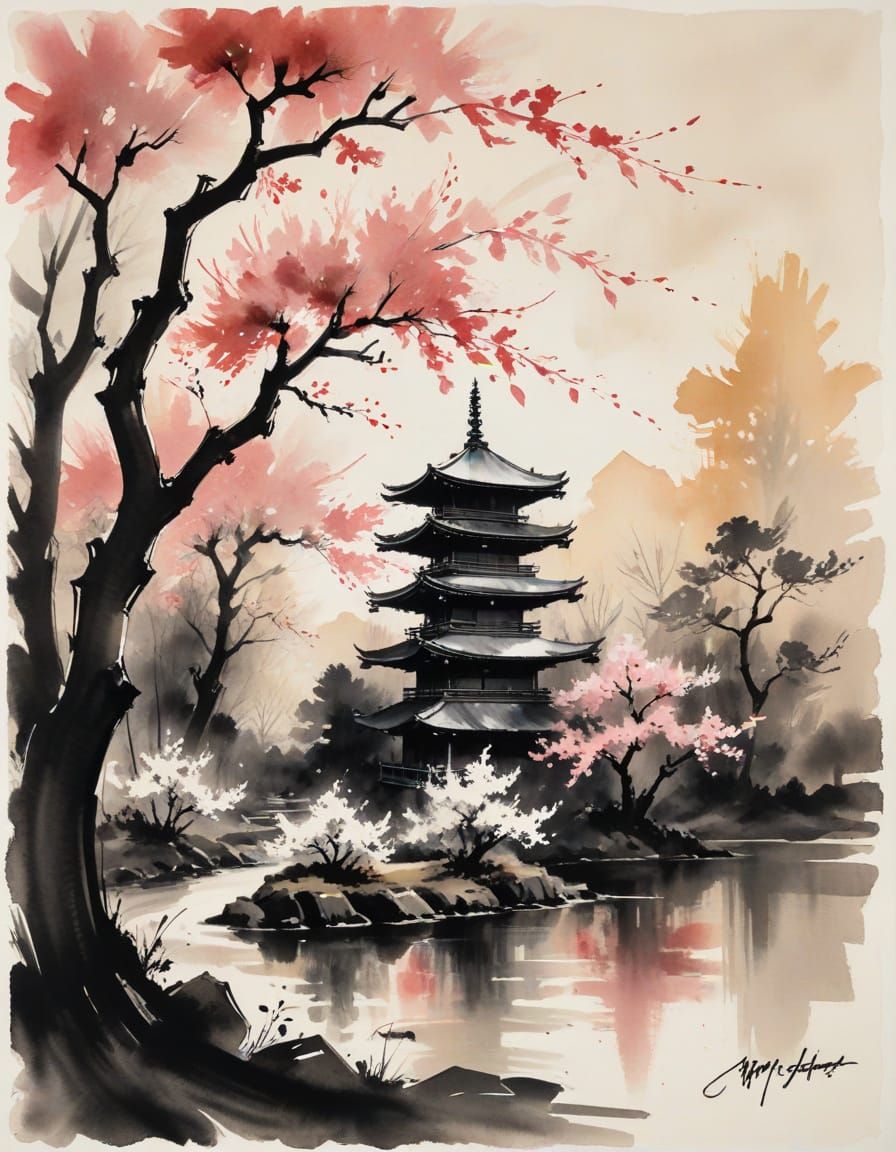 Japanese Pagoda Amidst Cherry Blossoms in Golden Hour