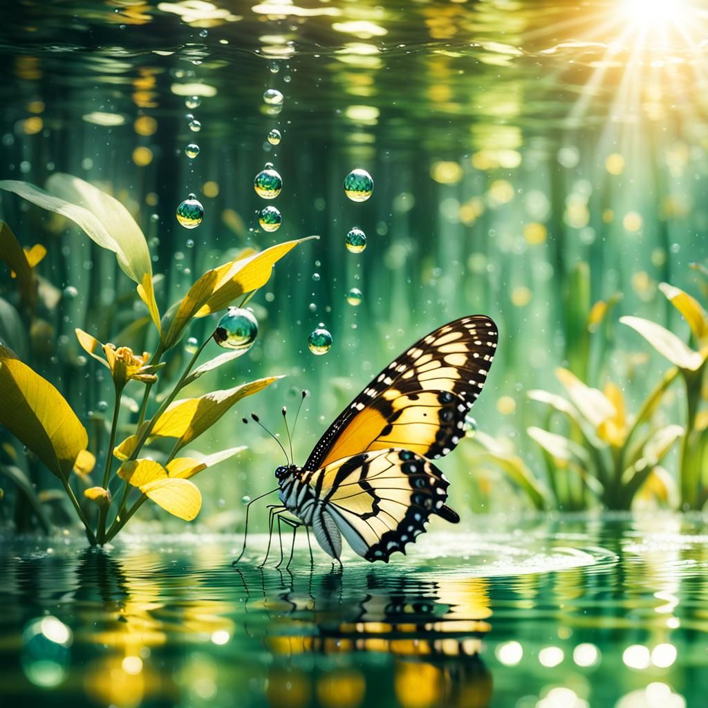 Green Butterfly Reflects Bengal Tiger in Golden Light