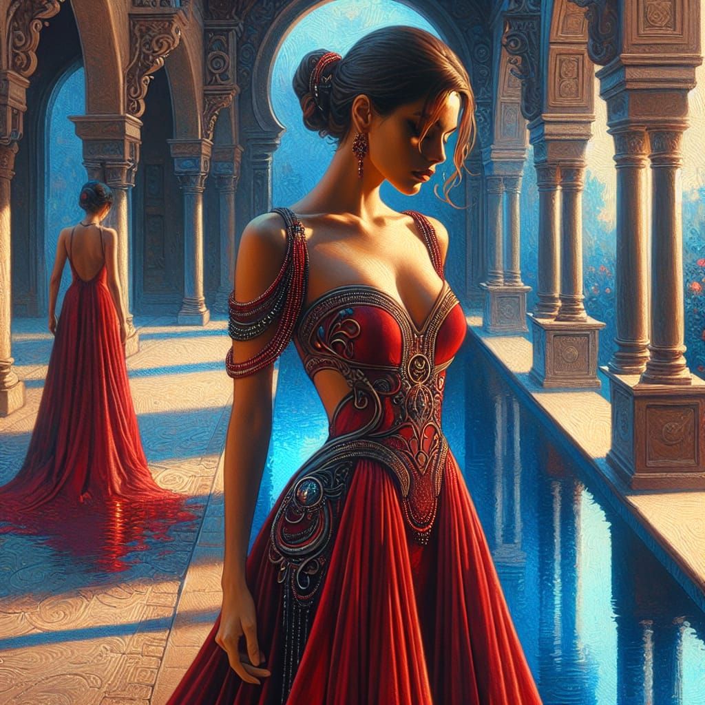Elegant Woman in Red Dress by Pool, Fantasy Concept Art