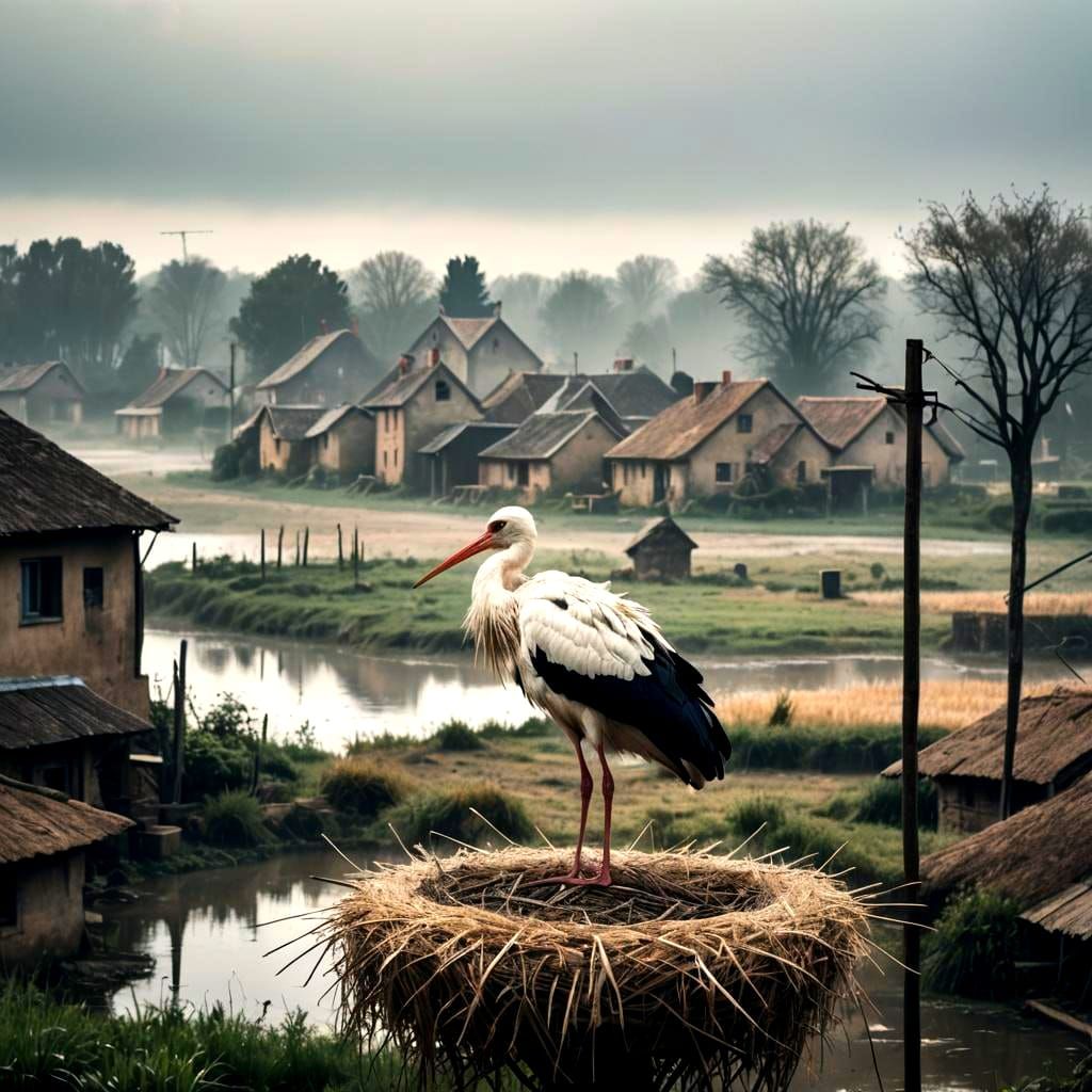 White Stork in Nest with Village, Pastel Colors