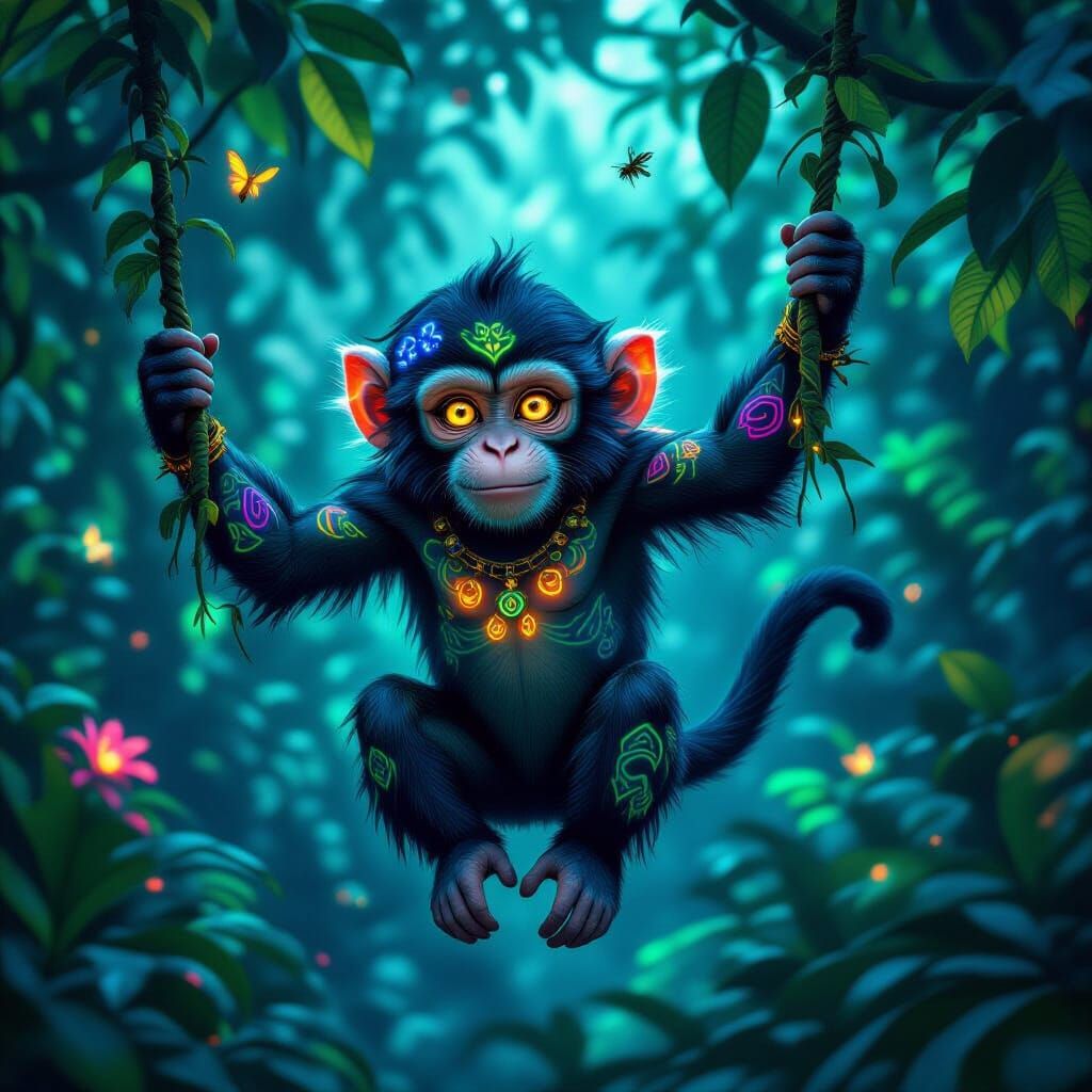 Monkey Swings Through Bioluminescent Jungle: Hyper-Realistic...