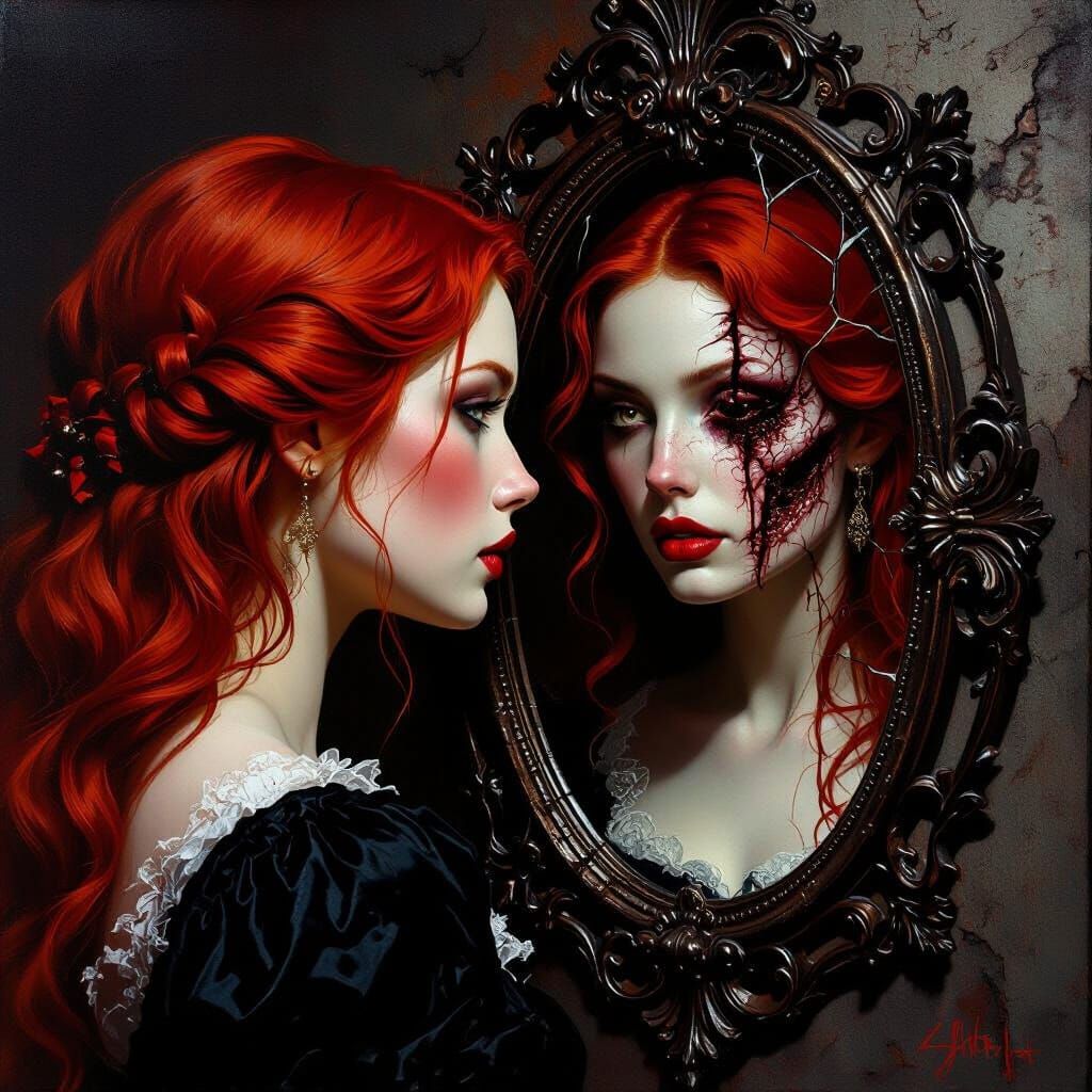 Red-Haired Woman's Demonic Reflection in Antique Mirror
