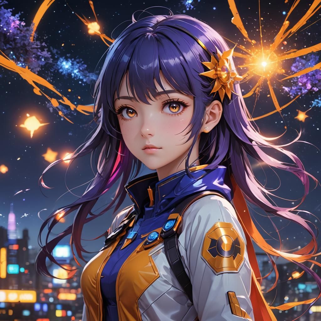 Anime Girl at Night in Galactic Colors