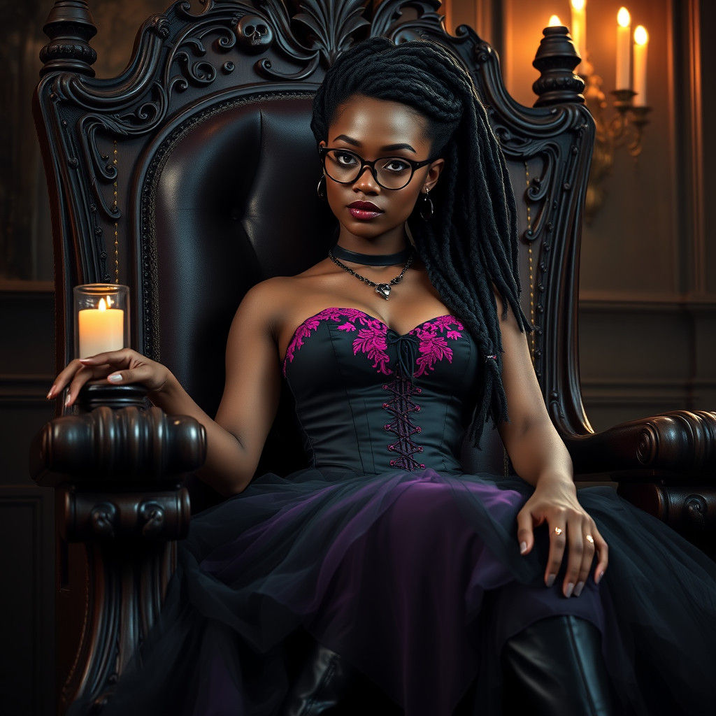 Gothic Woman on Throne with Neon Embroidery