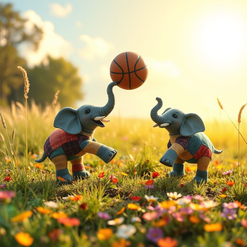 Miniature Fabric Elephants Play Basketball, Whimsical Art