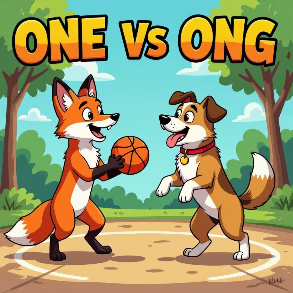 Fox and Dog Basketball Game in Comic Book Style