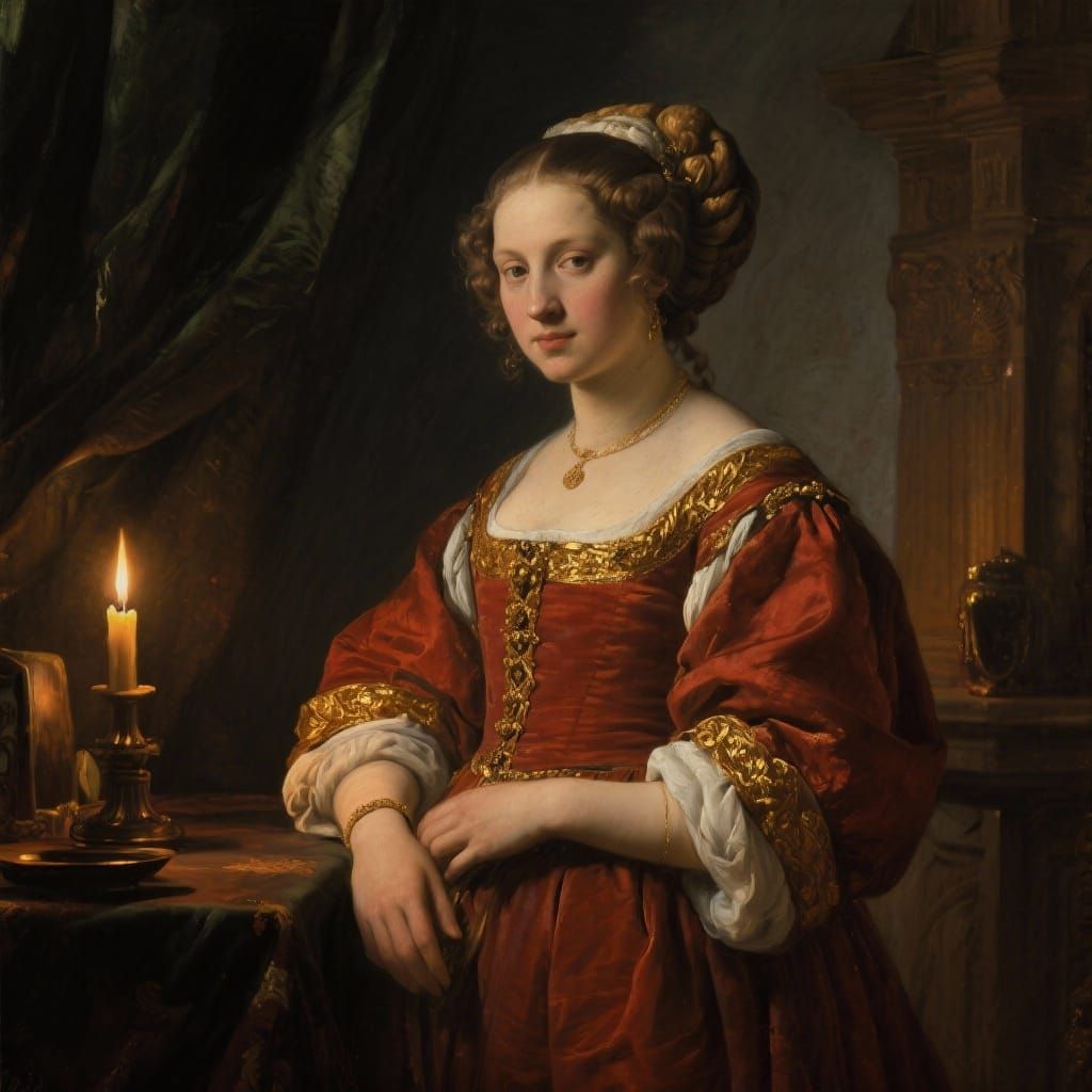 Rembrandt-Style Portrait of a Lady in Candlelit Chamber